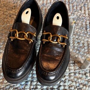 Steve Madden Black Leather Loafers with Gold Chain Detail